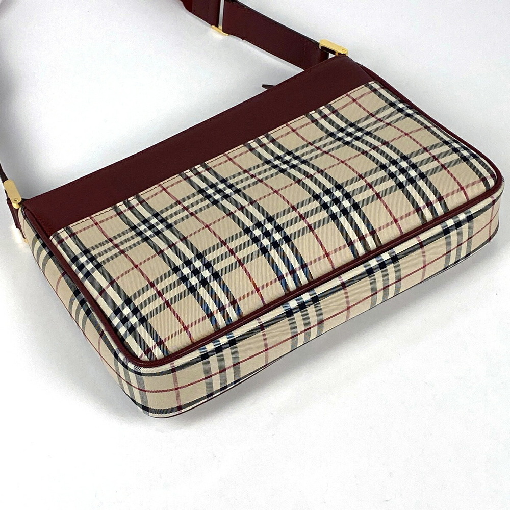 Burberry logo shoulder bag check Nova canvas beige Burgundy Red - Picture 2 of 5